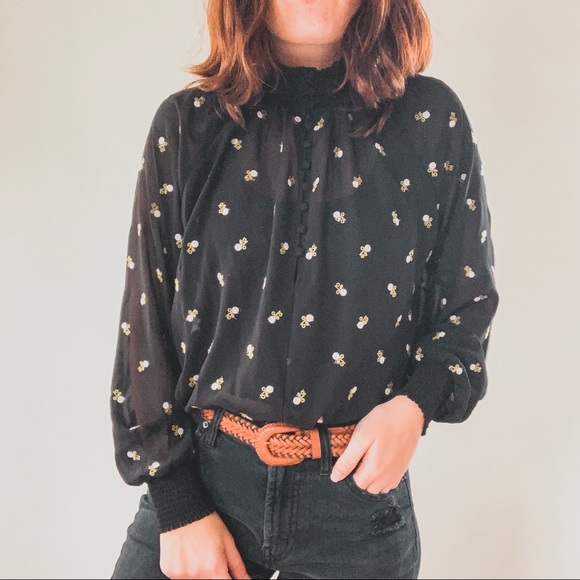 CAbi Tops - CABI | Black Floral Mock Neck Sheer Top Sz XS